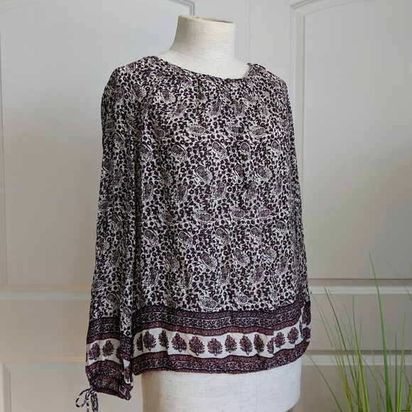 Lucky Brand Blouse Peasant Paisley Floral Print Long Sleeve Burgundy Navy L NWT - Picture 1 of 11